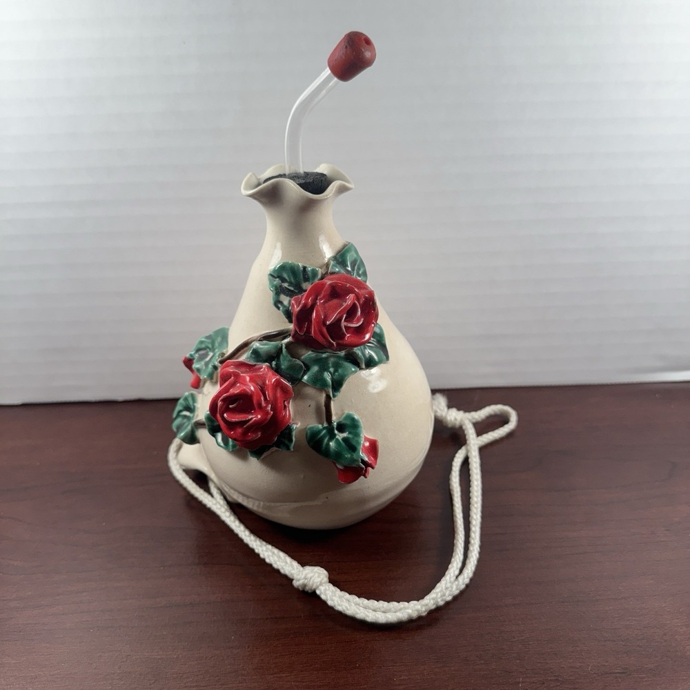 Vintage Artisan Signed 3D Rose Ceramic Hanging Hummingbird Nectar Feeder Beige